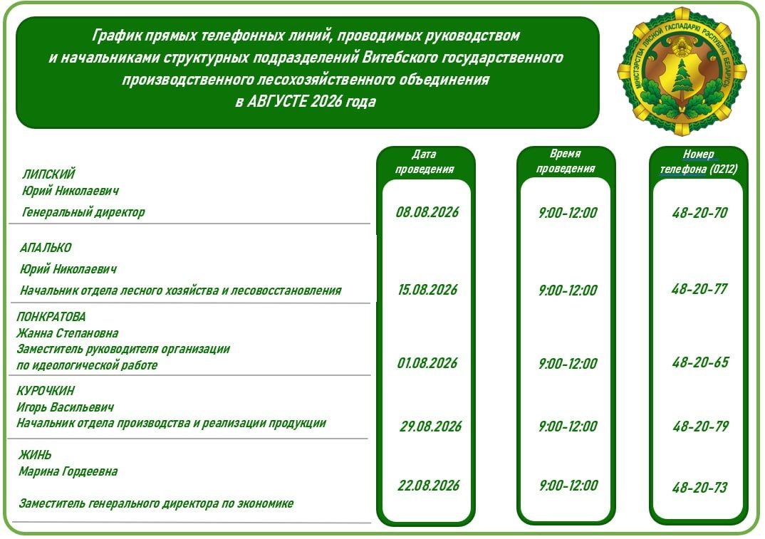 График прямых телефонных линий, проводимых в АВГУСТЕ 2026 года руководством и начальниками структурных подразделений Витебского государственного производственного лесохозяйственного объединения.